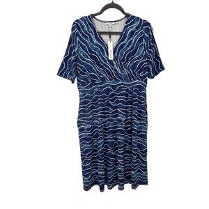 Chicos Ocean Print Dotted Short Dress Sz M Pockets Stretchy Nautical Blue A-line